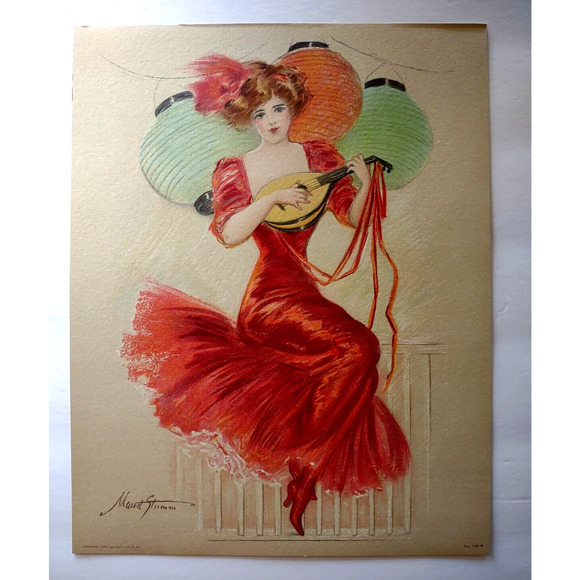Victorian Art Print Women Lanterns Mandolin Guitar Lithograph 1909 Maud Stumm - Picture 2 of 4